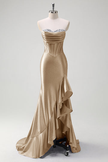 ZAPAKA Women Sparkly Champagne Mermaid Long Prom Dress Strapless Sequined Corset Ruffle Satin Evening Dress with Slit